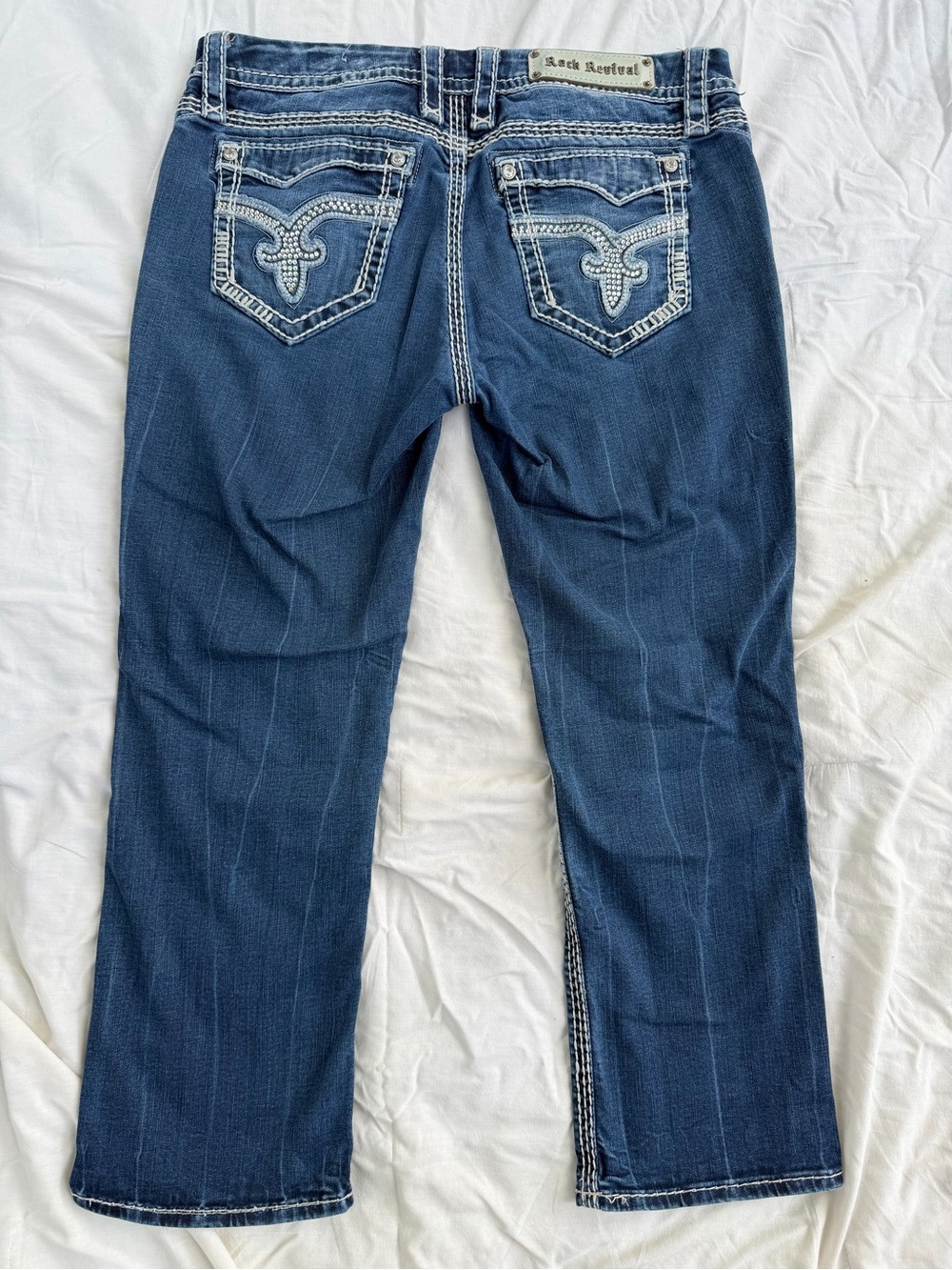 Rock Revival Women's Vivian Easy Capri Dark Blue Embroidered Pocket Jeans